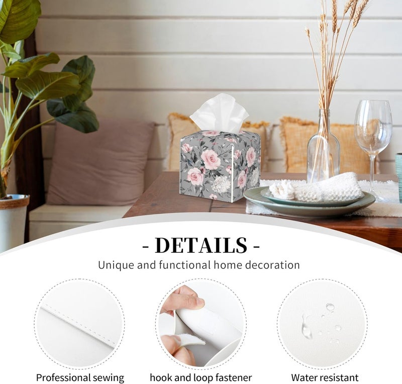 sndheke Pink Rose Flowers Tissue Box Cover Square,Colorful Spring Floral Tissue Box Holder Waterproof Leather Facial Paper Organizer Dispenser for Bathroom Home Car Nightstand Vanity Desk - Image 3